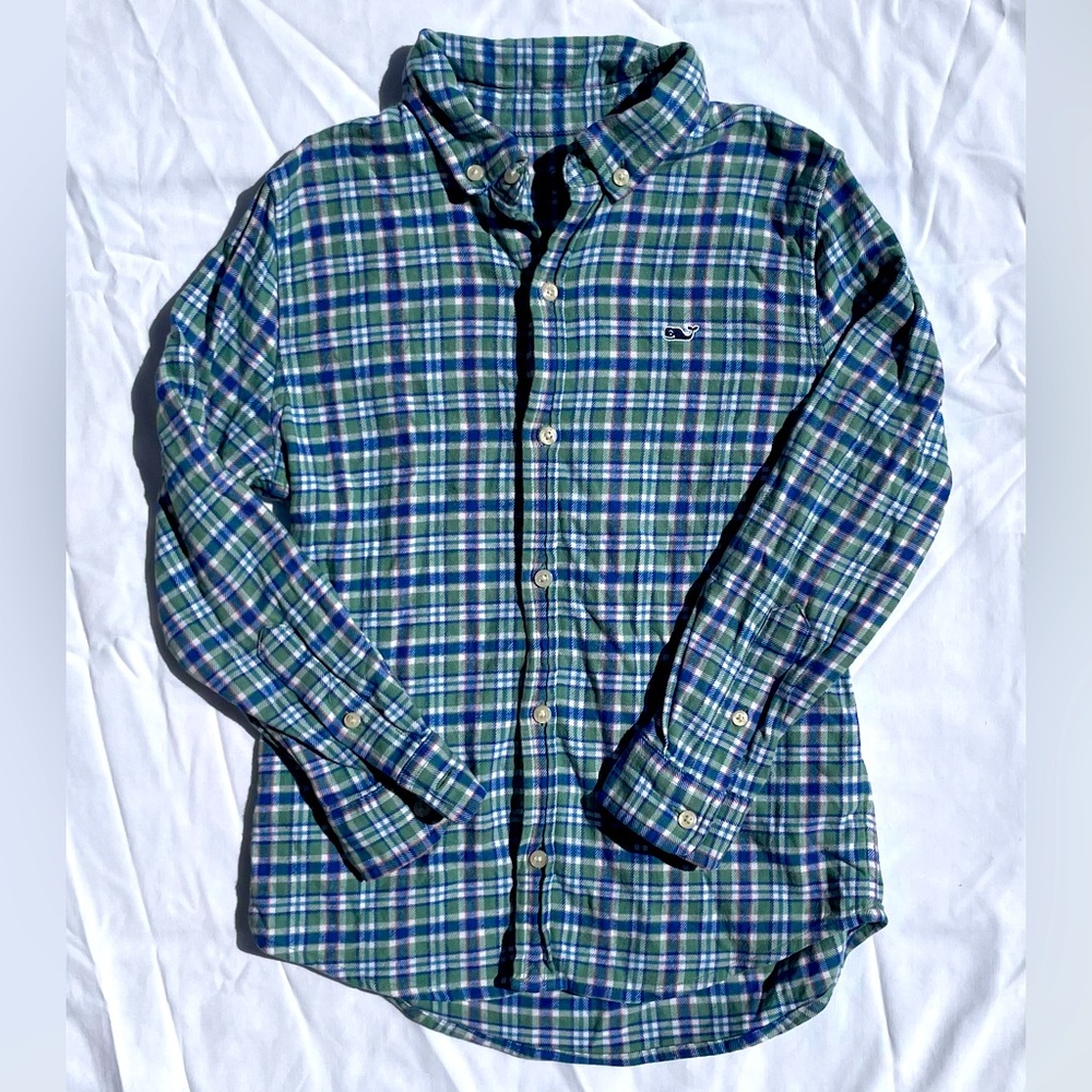 Vineyard Vines Boys Blue and Green Plaid Flannel Button-Down Shirt, Size 7